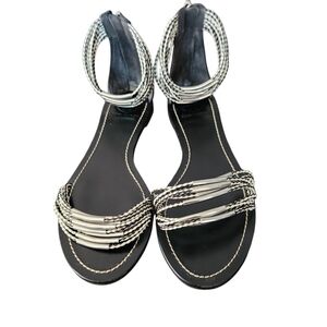 Tory Burch Black Mignon Braided Rings Silver Ankle Zip Leather Sandals Size 9M